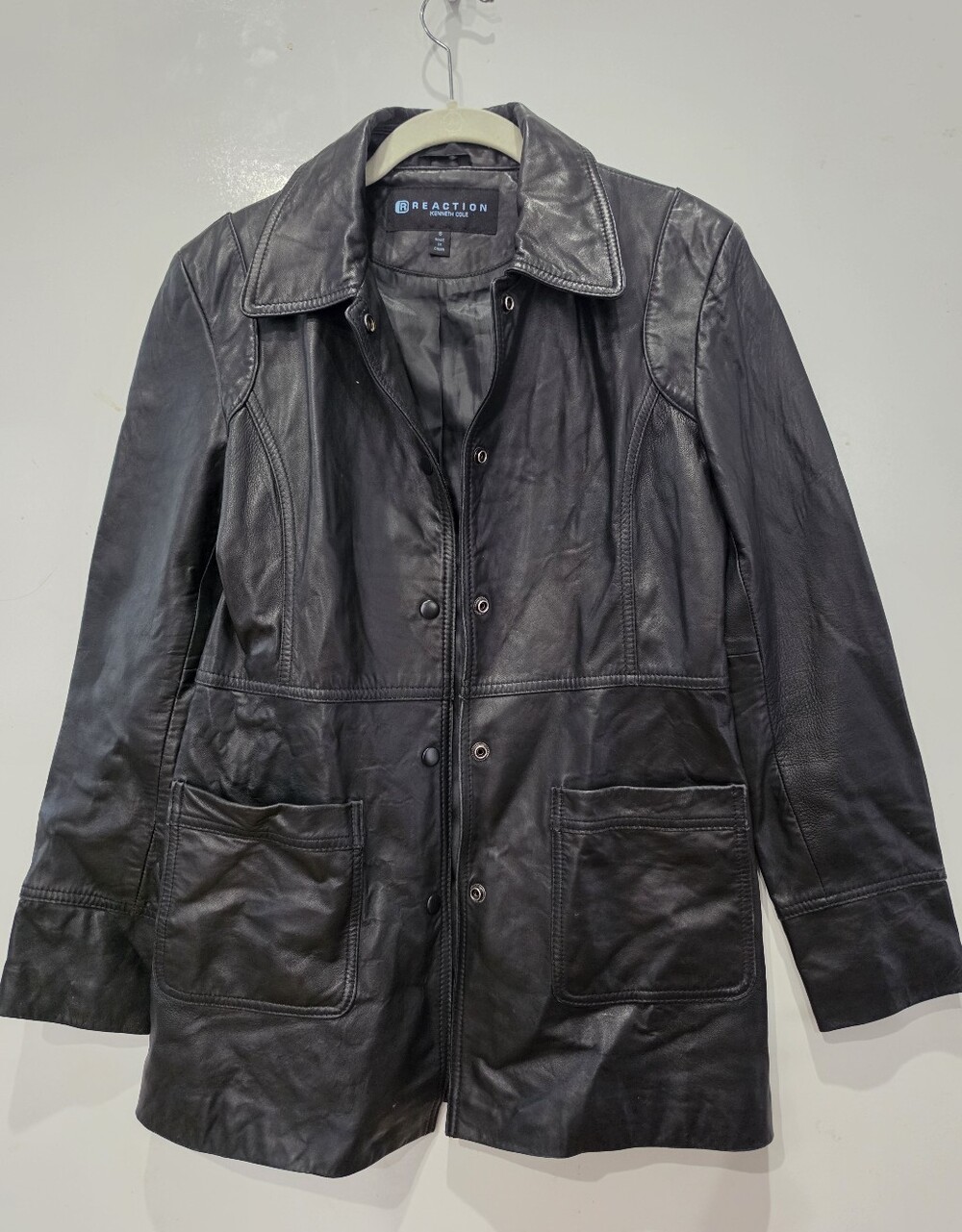 Kenneth Cole Reaction Women's Black Leather Jacket Size S Mid Length